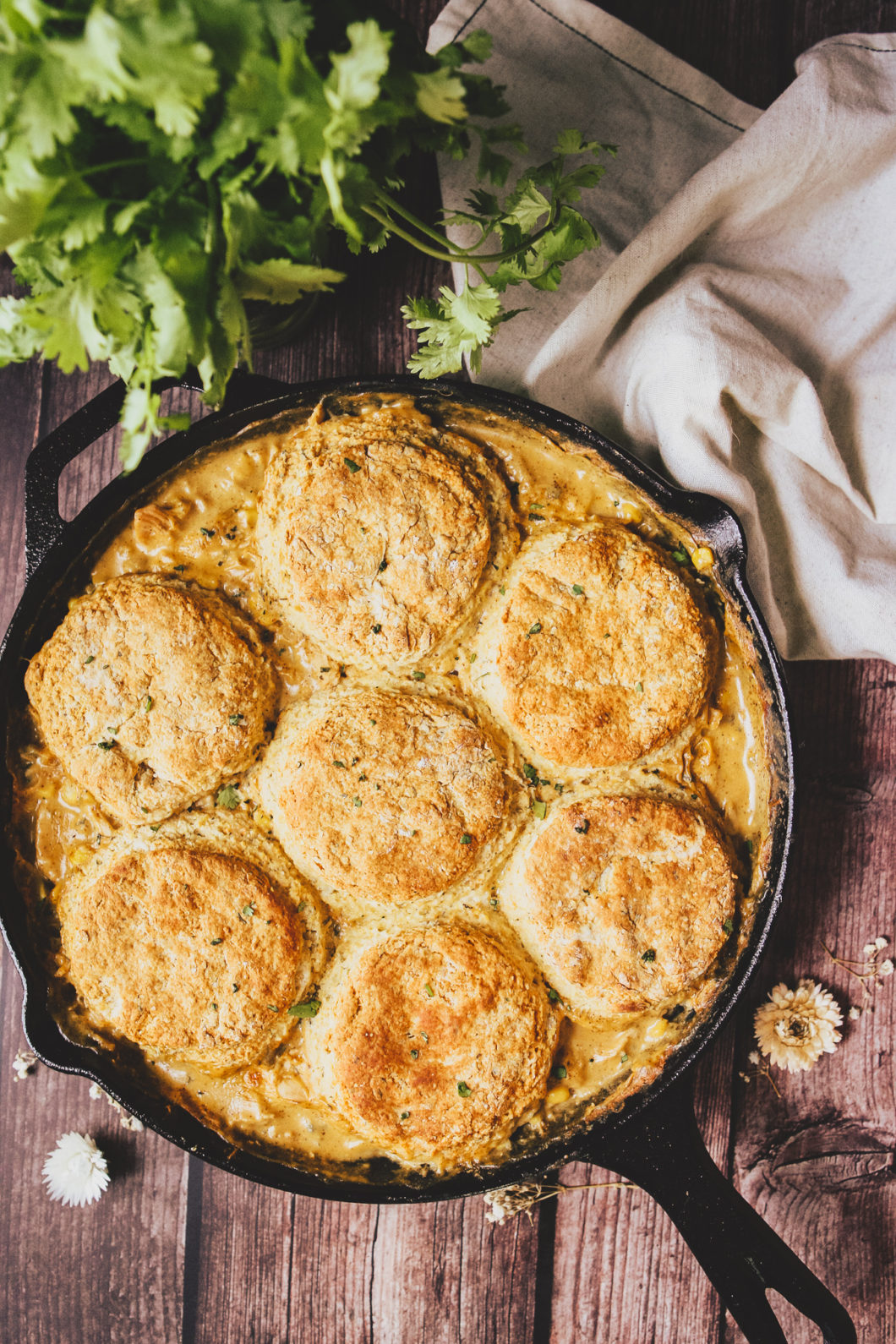 Chicken Chili Pot Pie with Cornbread Biscuits