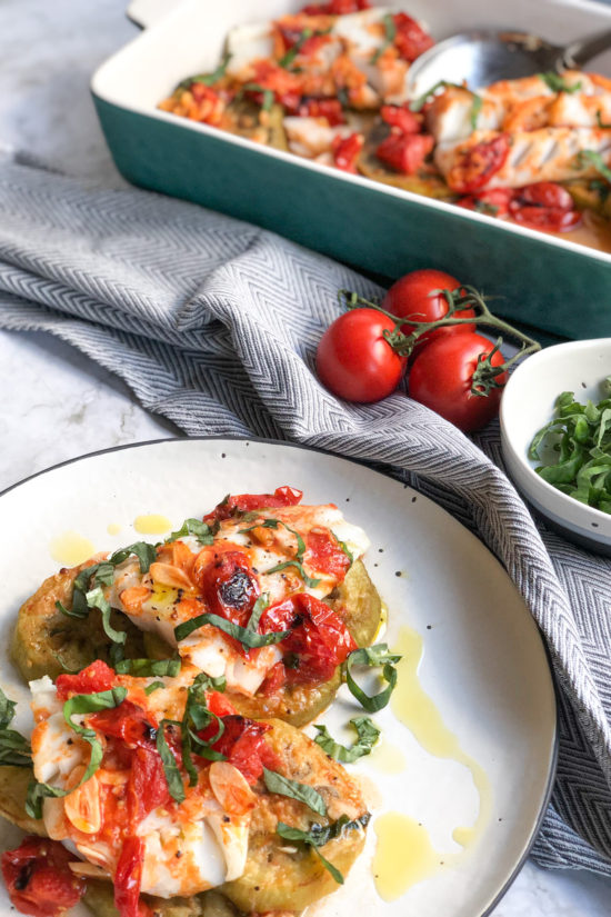 White Fish with Roasted Eggplant and Garlicky Burst Tomatoes - Bitchin ...