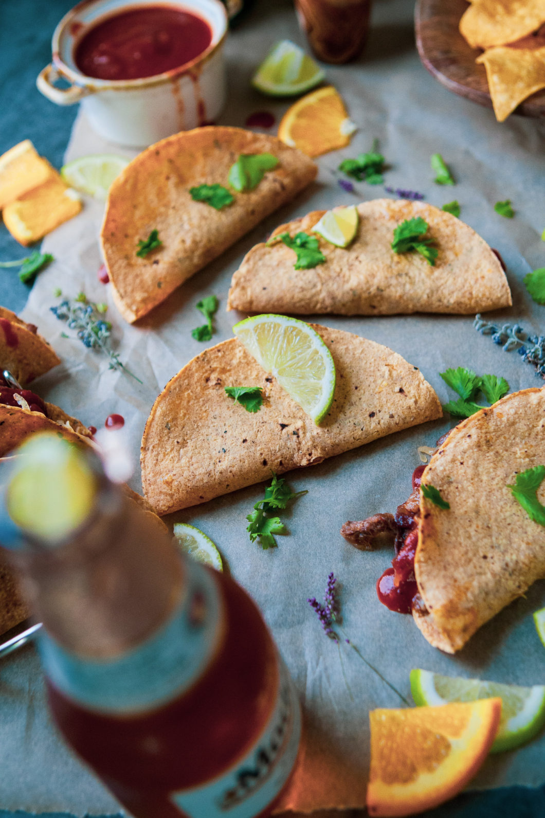 Crispy Beer Braised Beef Tacos with Chipotle Honey and Bacon Jam