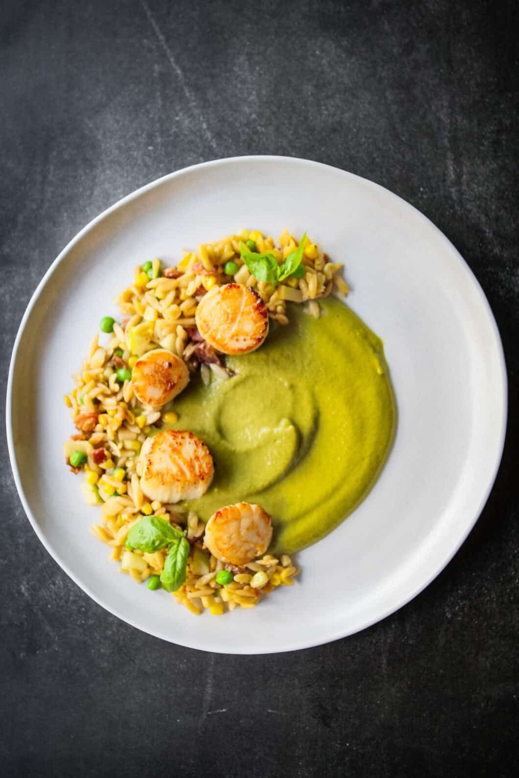 Summer Scallops with Orzo and Greens Puree