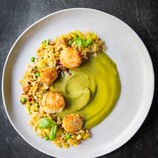 Summer Scallops with Orzo and Greens Puree