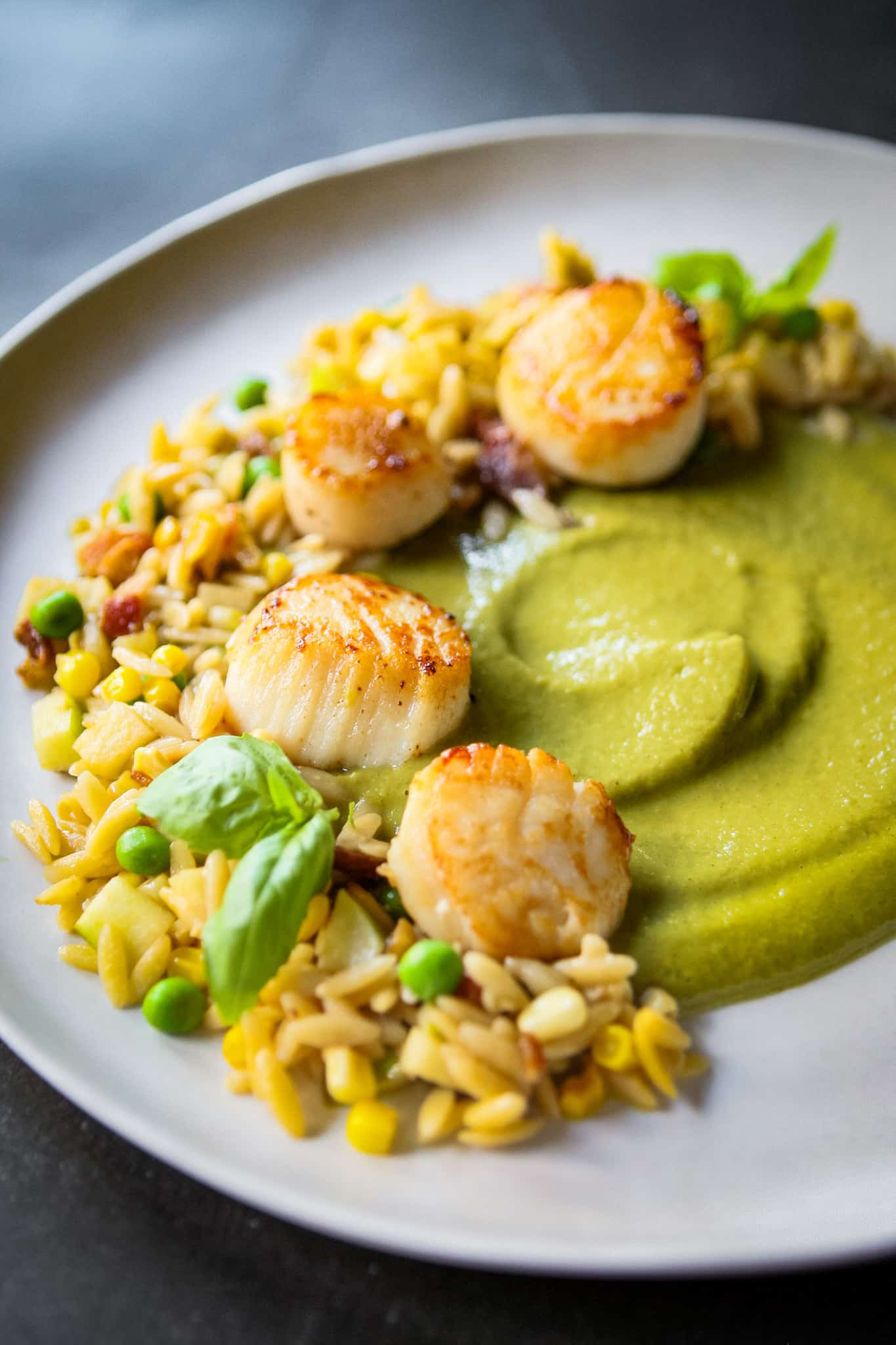 Summer Scallops with Orzo and Greens Puree