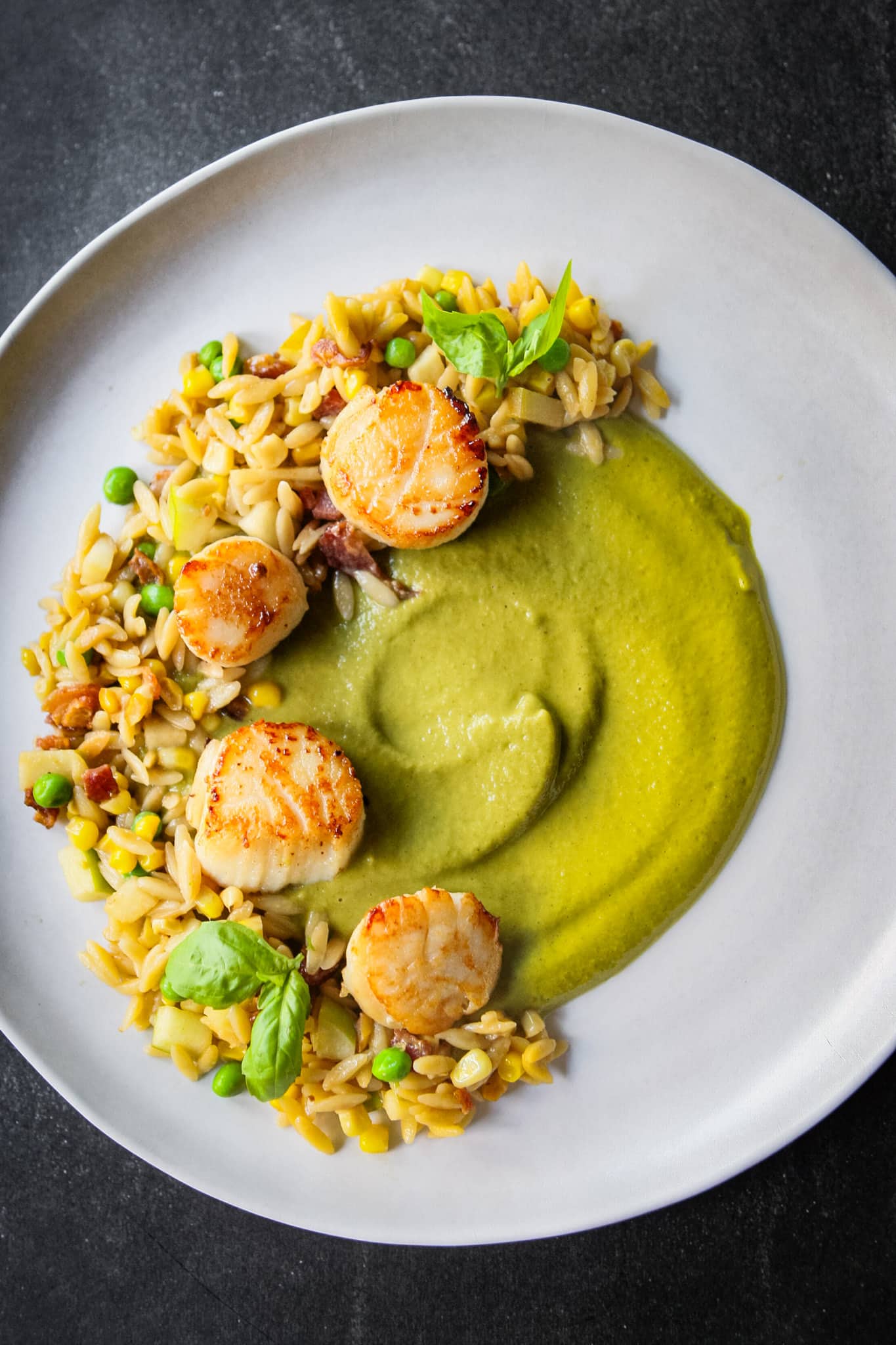 Summer Scallops with Orzo and Greens Puree