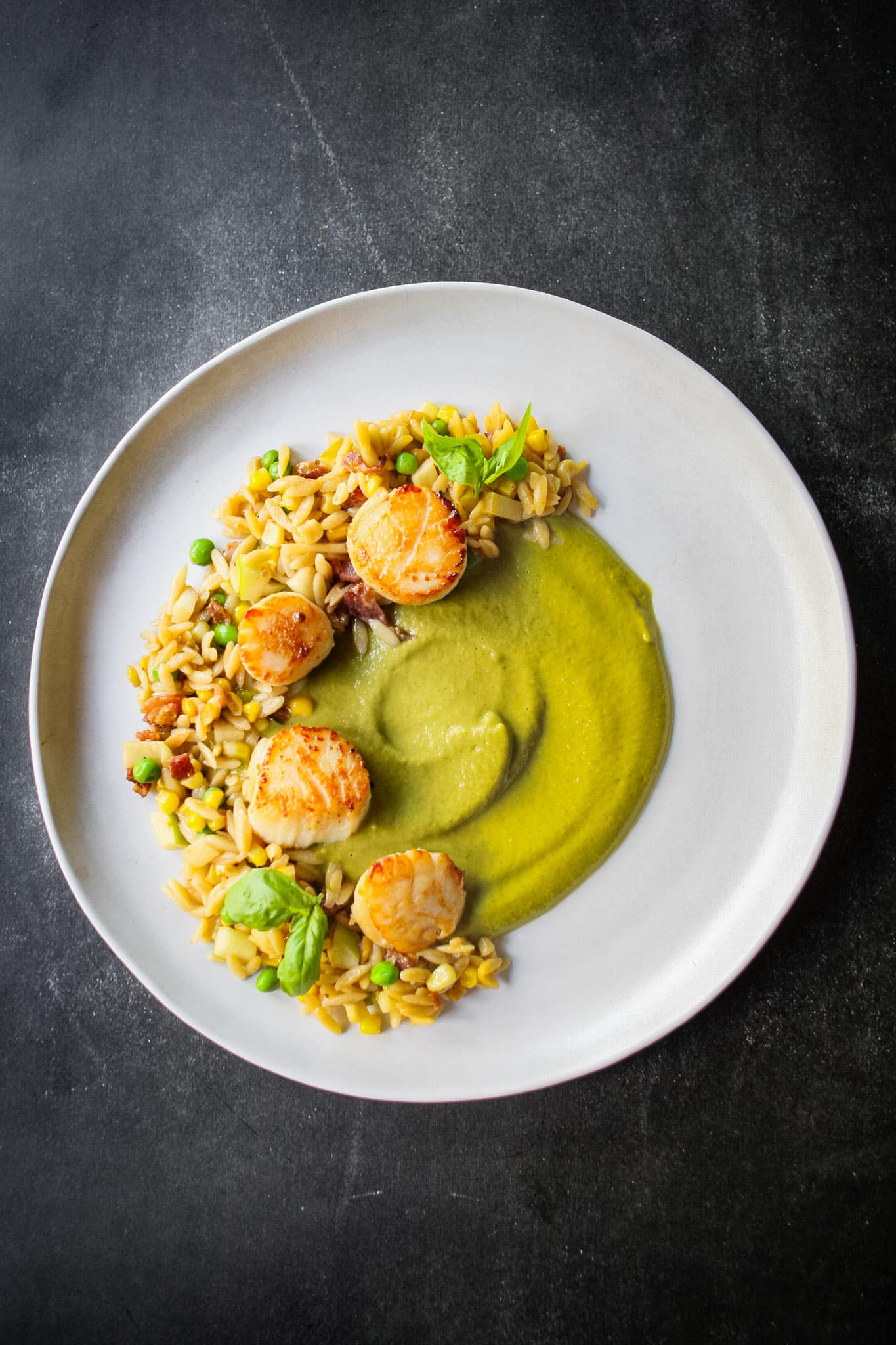 Summer Scallops with Orzo and Greens Puree