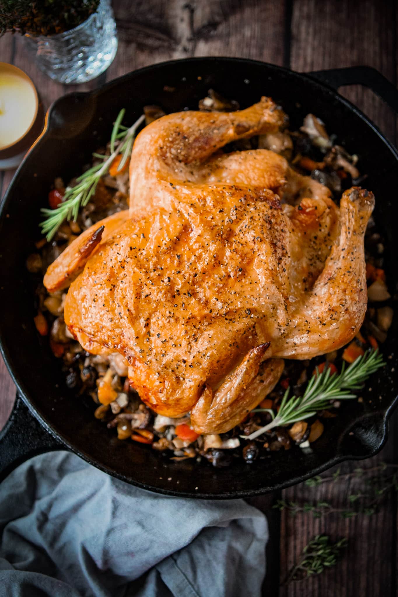 roast chicken and vegetables in skillet