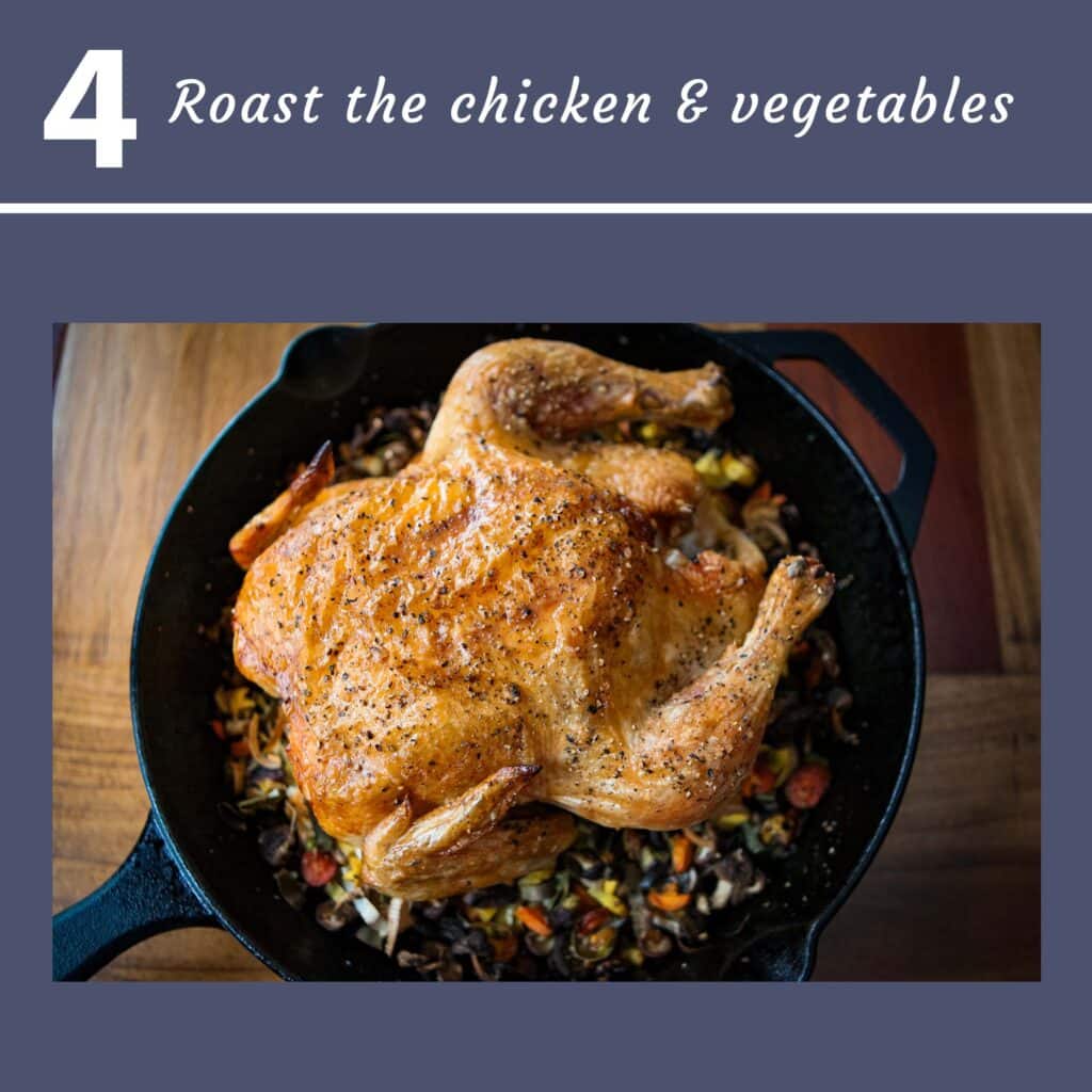 roast chicken and vegetables in skillet